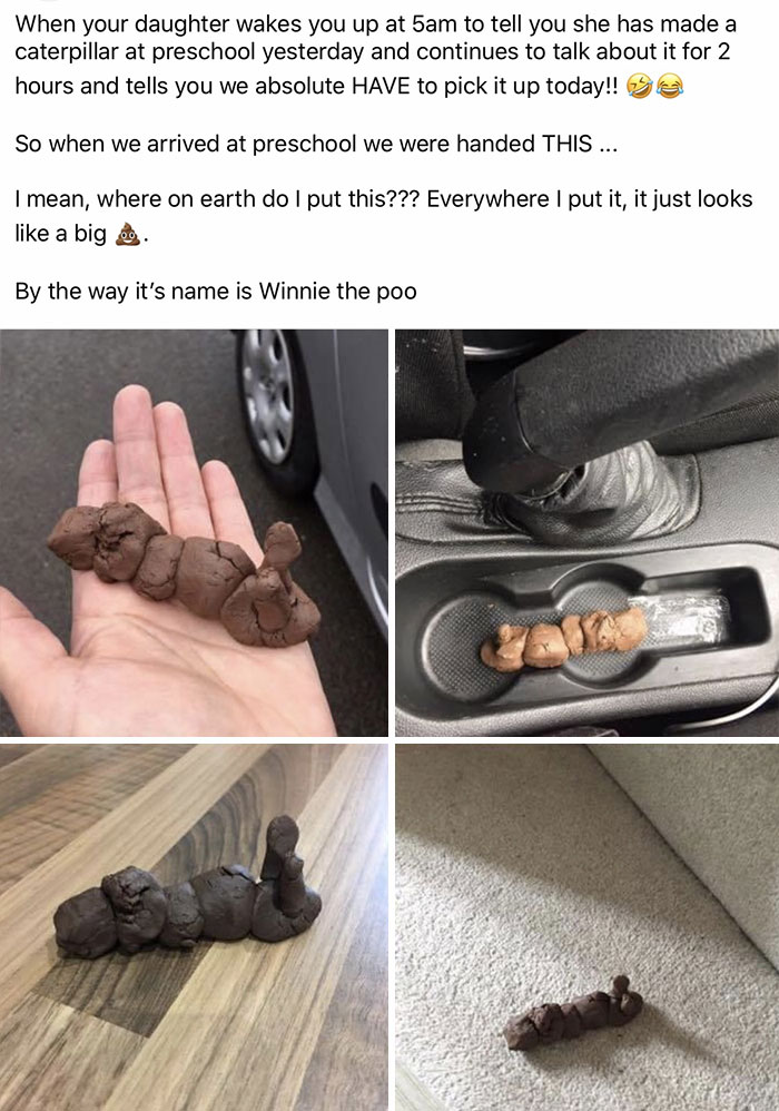 Child's homemade caterpillar craft that looks like a pile of brown clay, highlighting kids are not born smart humor.