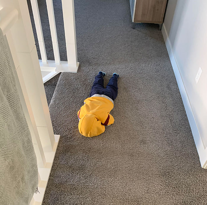 My Beautiful Son Killing It At Hide And Seek. Like A Little Speed Bump At The Top Of The Stairs, Ready To Take You Out