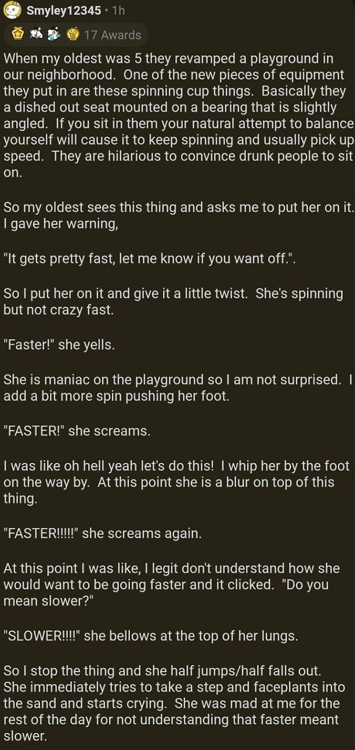 Text post detailing a humorous playground story showing kids are not born smart with spinning cup equipment.