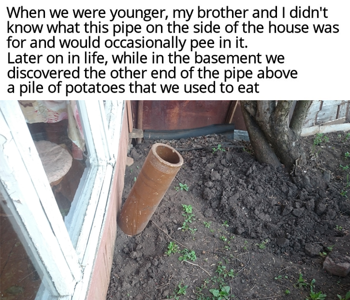 Pipe on the side of house discovered to drain above potatoes in dirt, showcasing kids not born smart funny childhood mistake