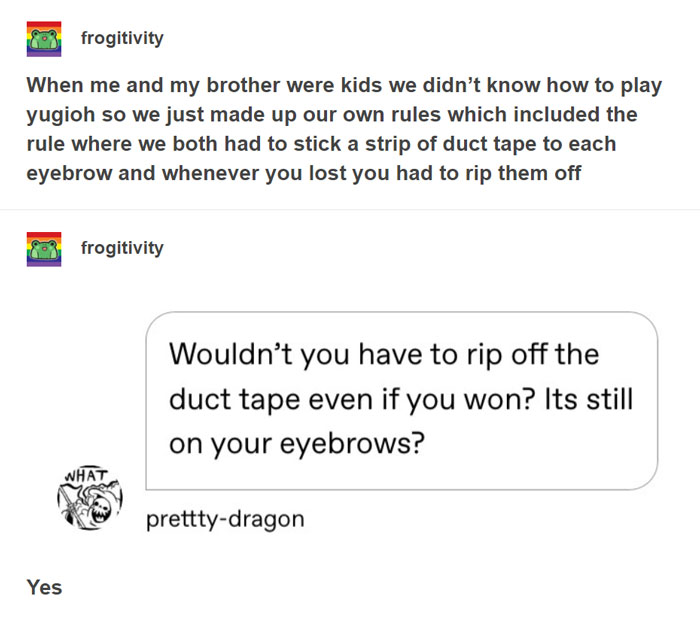 Funny conversation showing kids' silly rules with duct tape on eyebrows, illustrating kids are not born smart humor.