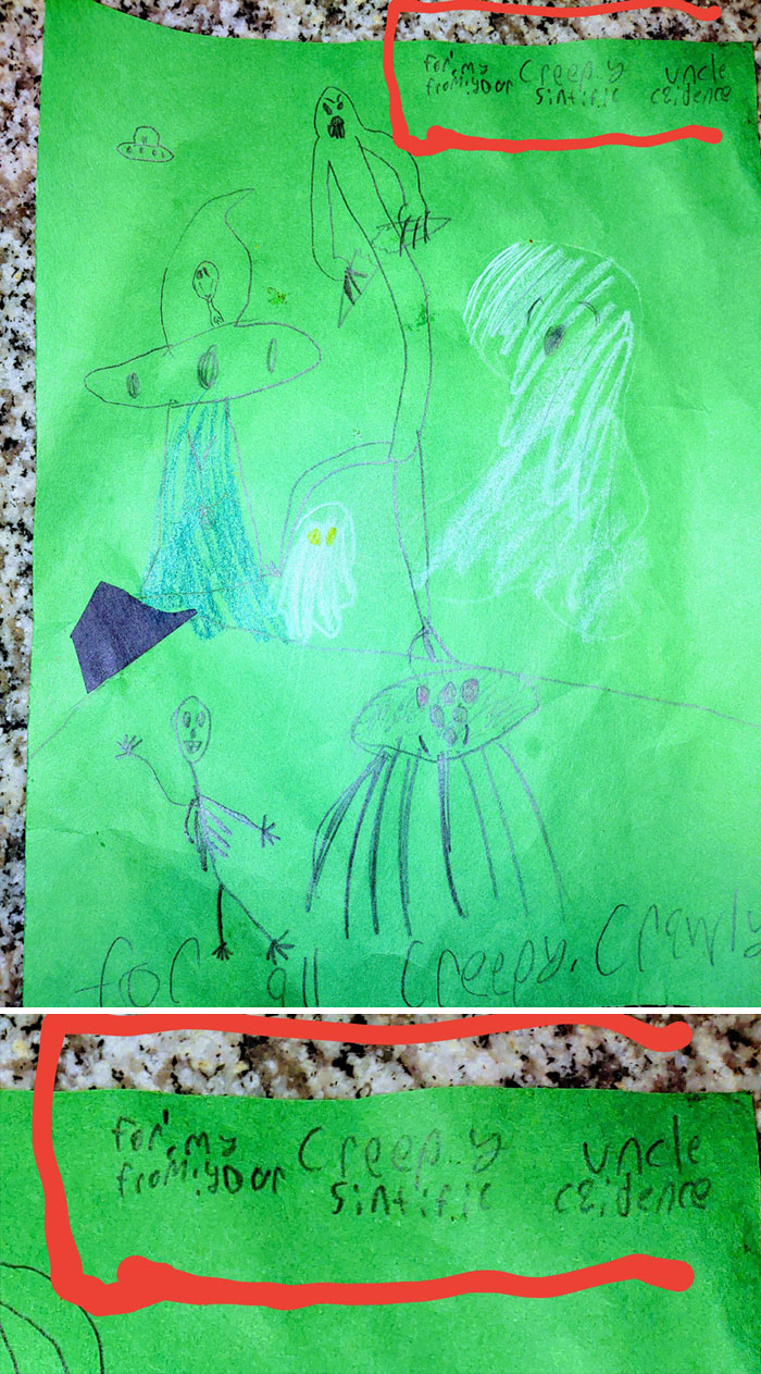 I Had To Explain To My 8-Year-Old Niece Today After She Drew This Picture For Me That Although We Watch Scary Movies Together, She Cannot Refer To Me As Her "Creepy Uncle"