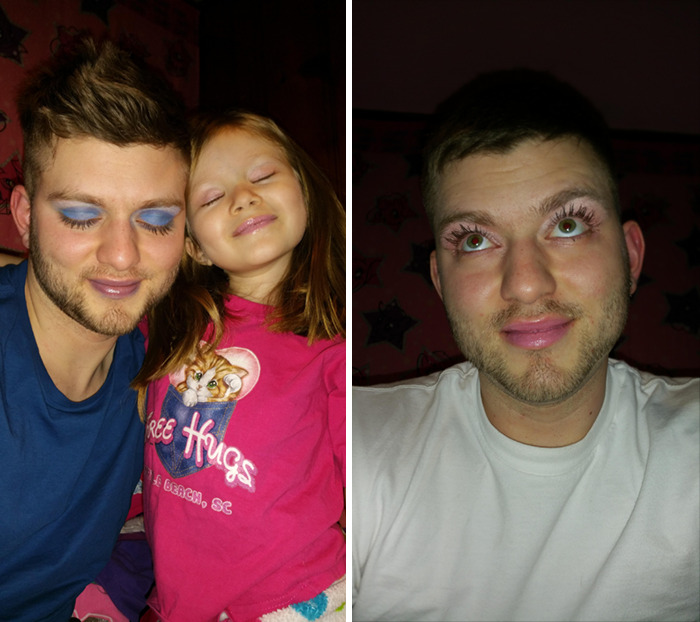 Two dads with colorful makeup on their faces after visiting their daughters' beauty salons, smiling and looking playful.