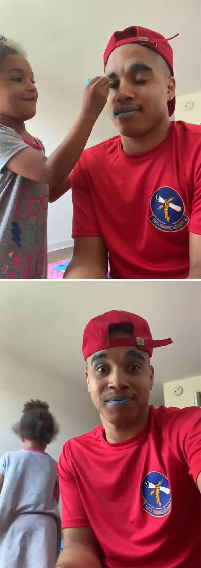 Dad and daughter in a playful moment after a visit to their daughters beauty salon, with makeup on dad's face.