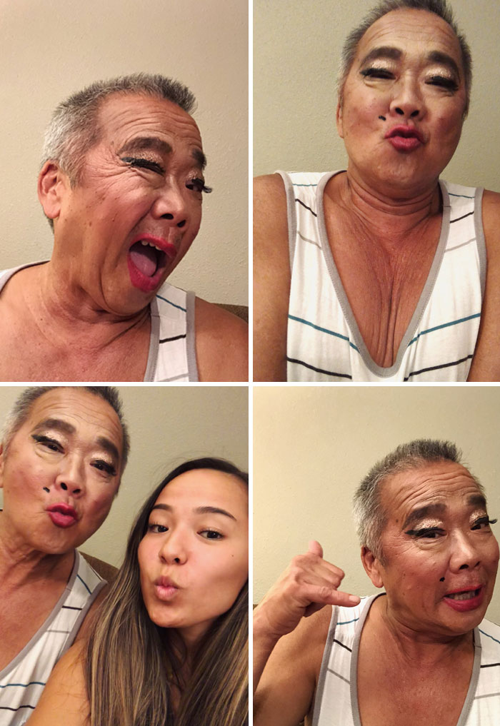 Senior dad with makeup and a tank top posing playfully after a visit to daughters' beauty salons in four photo collage.