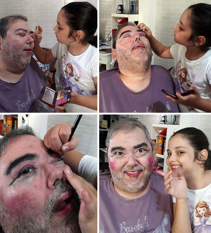 Dad getting colorful makeup makeover from his daughter at her playful beauty salon in a fun and loving moment.