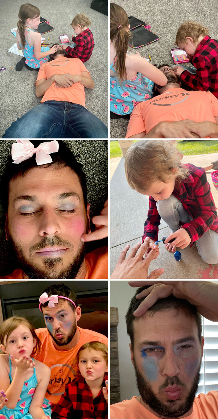 Dads lying down and getting makeup and nail polish from their daughters in playful at-home beauty salon moments.