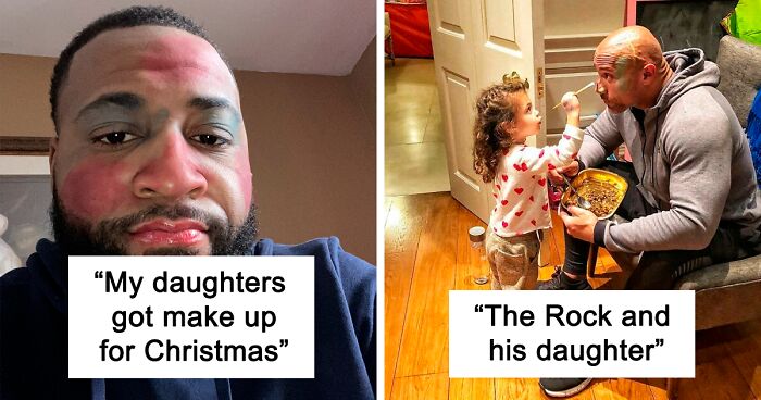 Two dads with makeup and playful moments after visiting their daughters' beauty salons, showcasing fun father-daughter bonding.