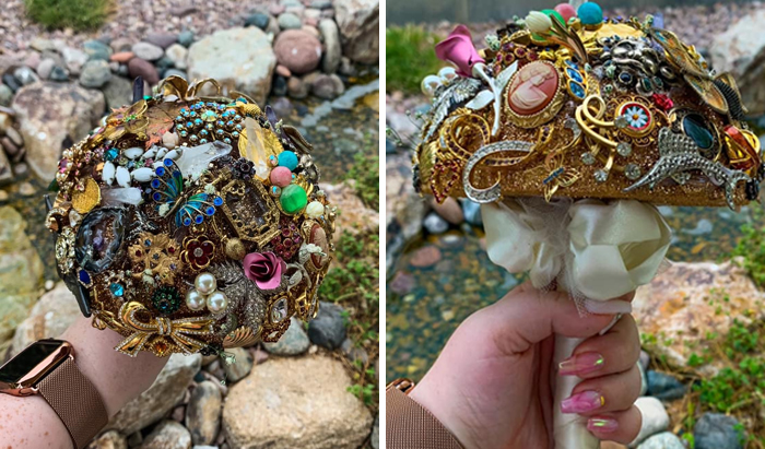 My Wedding Bouquet That Was Made Completely Out Of Both Of My Great Grandmas Earrings, Brooches, And Pins. The Handle Was Made Out Of My Moms Veil And Wedding Dress Flowers. Its Made Out Of Three Beautiful Marriages And I Hope To Be The Fourth! I’ve Also Established This As My Wedding Mushroom