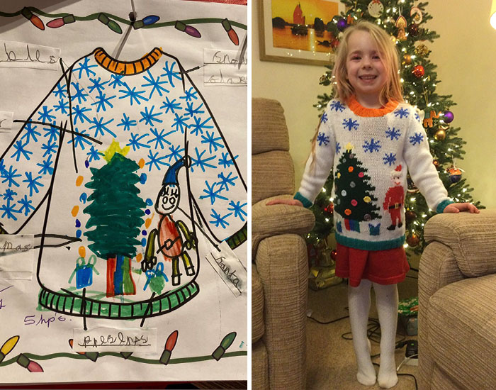 Grandma Surprises Granddaughter By Knitting Her A Christmas Sweater Based On Her Drawing
