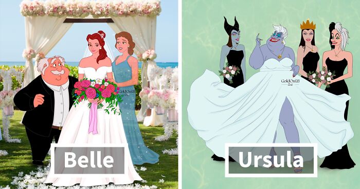 Illustrator Imagines What The Wedding Photos Of Disney Princesses And Villains Would Look Like (7 Pics)