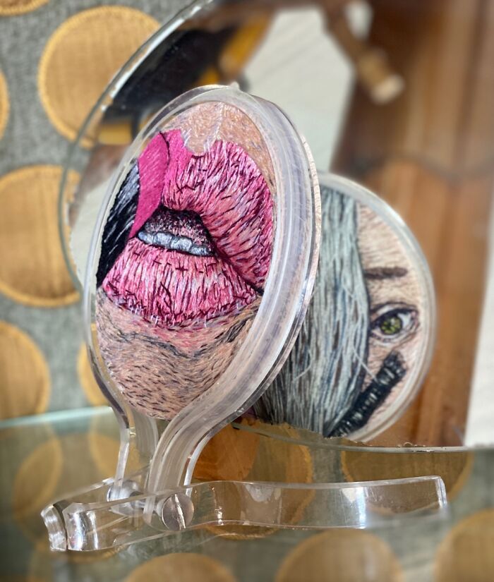 Hand Embroidered Double Portrait On Double Sided Vanity Mirror. Catherinehicksart