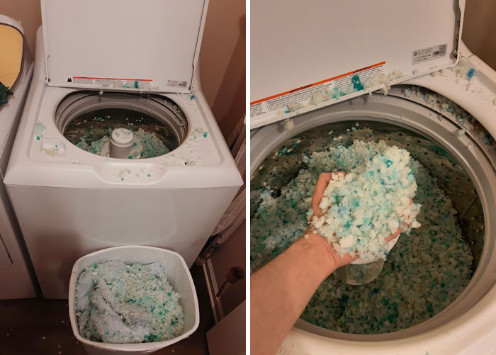 Tried To Wash My Pillows. They Exploded And Filled My Washing Machine With Sticky Blue And Green Pillow Fluff