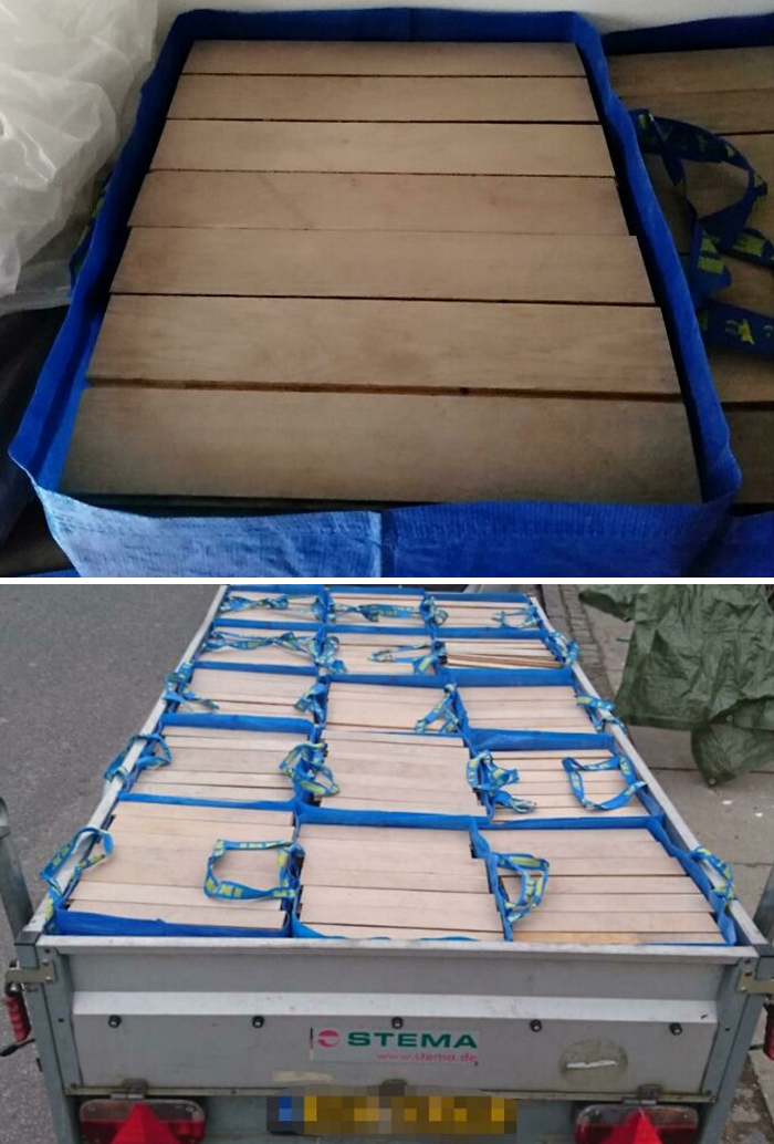 The Way These Floorboards Fit In IKEA Bags And How 15 Of Them Fit Perfectly In Our Trailer