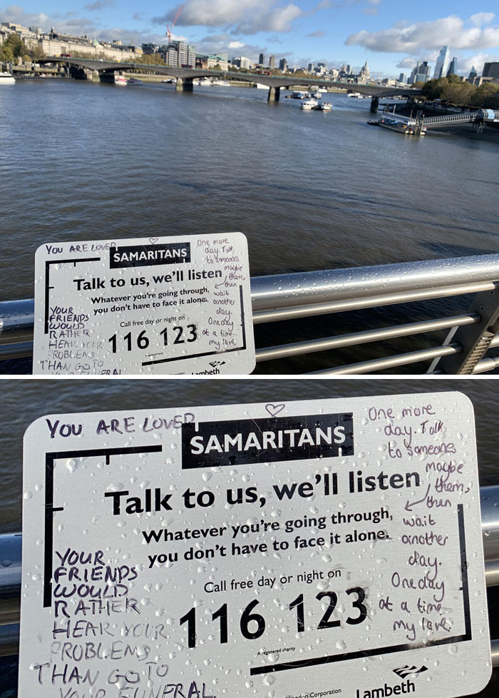 A Kind Charity Group Puts A Sign On A Bridge To Discourage Suicide. Kind Londoners Enhance It With Positive Graffiti