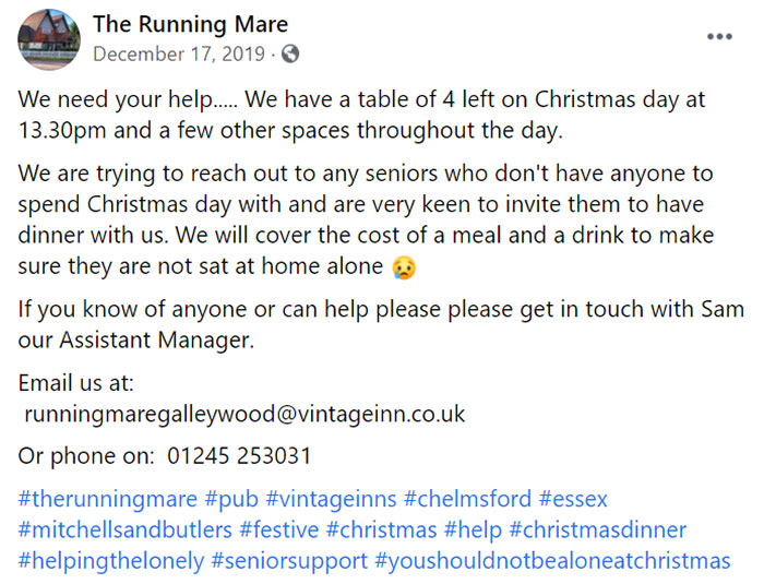 Pub Is Offering Their Last Spaces For Free To Lonely Elderly People For Christmas Dinner