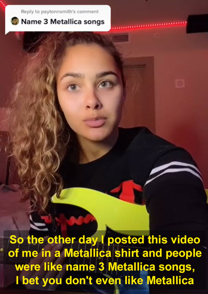 People Mock TikToker For Wearing A Metallica Shirt, Ask Her To "Name 3 Songs" - She Picks Up A Guitar Instead People Mock TikToker For Wearing A Metallica Shirt, Ask Her To "Name 3 Songs" - She Picks Up A Guitar Instead