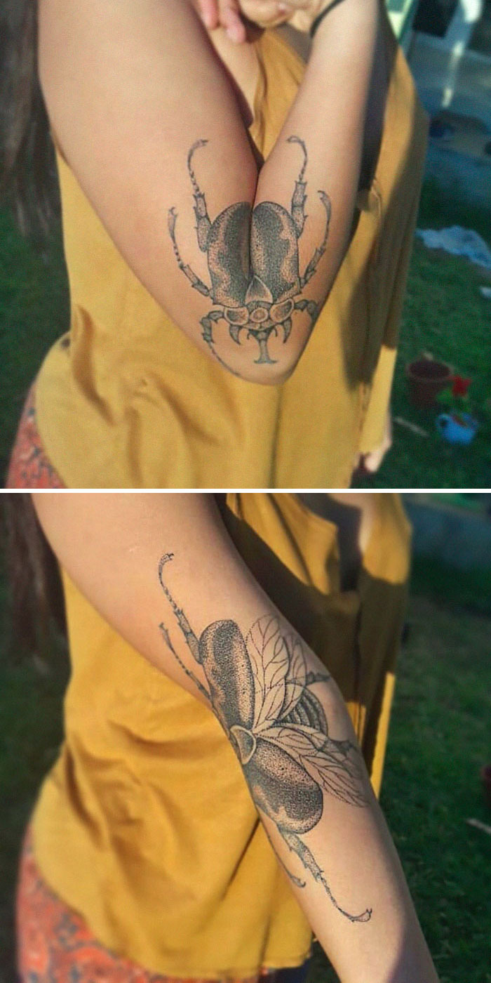 Creative tattoo of a beetle on an arm transforms with movement, showcasing intricate design details.