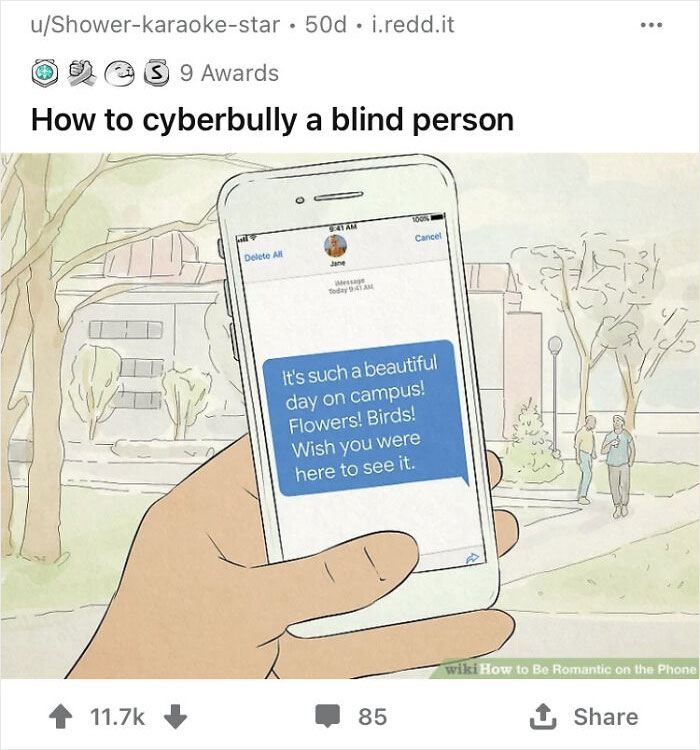 A hand holding a phone with a message about a beautiful day, taken from a WikiHow image, humorously captioned.