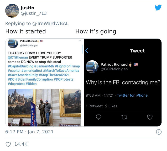 ‘How It Started Vs. How It's Going’: People Are Posting What Happened To These US Capitol Rioters Since The Riot ‘How It Started Vs. How It's Going’: People Are Posting What Happened To These US Capitol Rioters Since The Riot