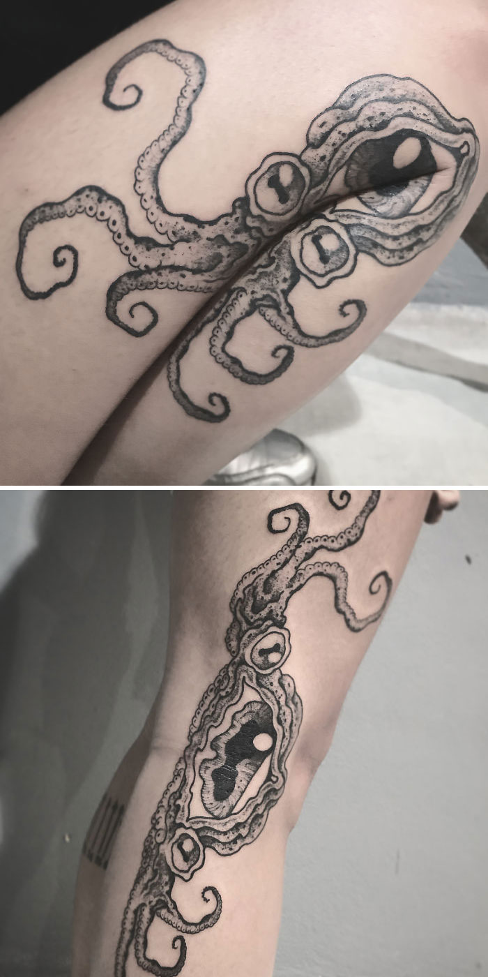 Creative tattoo of an octopus transforms with knee movement, creating an illusion of a widening eye.