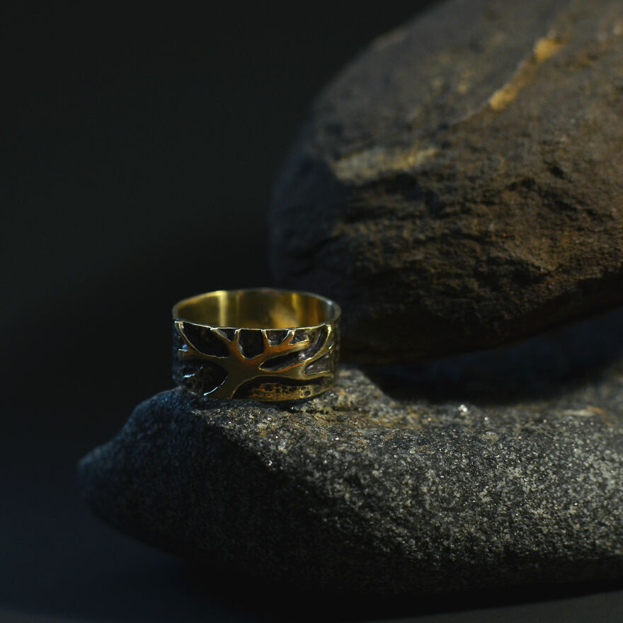 Wide Brass Ring With An Embossed Tree Design