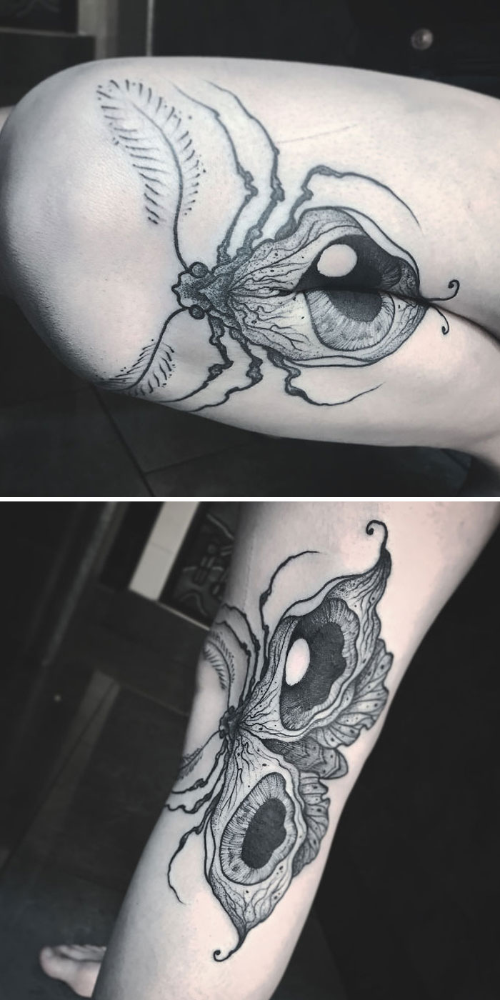 Creative tattoo of a moth with an eye that transforms as the arm moves.