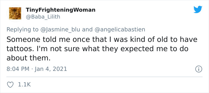 Tweet text about a woman in her 50s responding to being told she's too old to dress like a teenager. Tweet text about a woman in her 50s responding to being told she's too old to dress like a teenager.