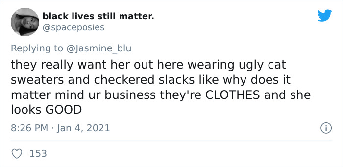 Tweet text defending a woman in her 50s wearing cat sweaters and checkered slacks against age-based fashion criticism.