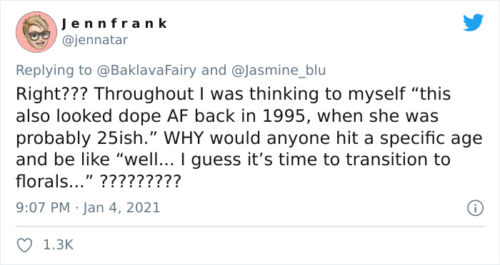 Tweet discussing a woman in her 50s receiving ageist comments about dressing like a teenager and her confident response.