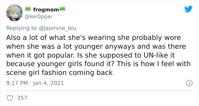 Tweet about woman in her 50s responding to comments on dressing like a teenager, embracing her unique outfit style.