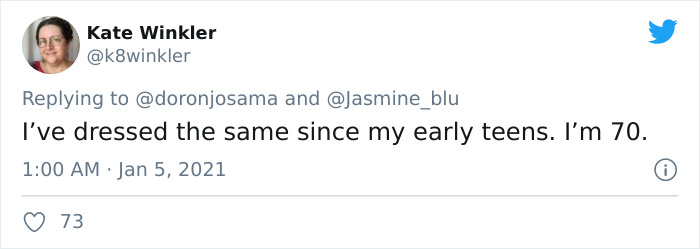 Tweet from woman in her 70s responding to age and outfit criticism, confidently discussing dressing like a teenager.
