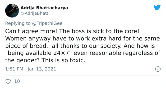 Boss Complains About Female Employee Not Being Available To Work 24/7 Like Her Male Colleagues, Receives A Reality Check Boss Complains About Female Employee Not Being Available To Work 24/7 Like Her Male Colleagues, Receives A Reality Check