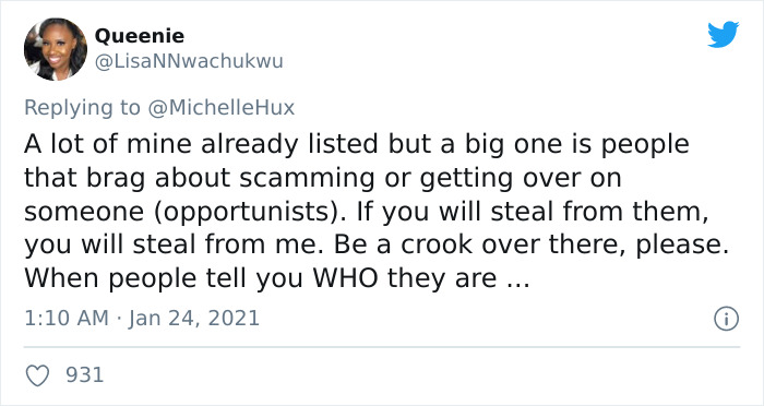 LisaNNwachukwu tweets about scamming as red flag in relationship