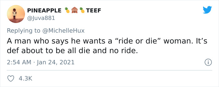 Juva881 tweets about man who says ride or die as red flag in relationship