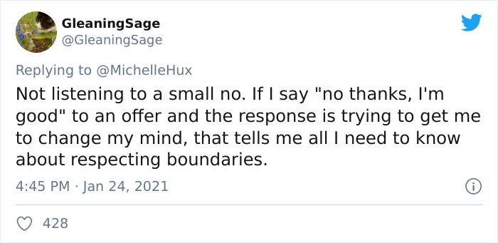 GleaningSage tweets about not listening to a small no as red flag in relationship