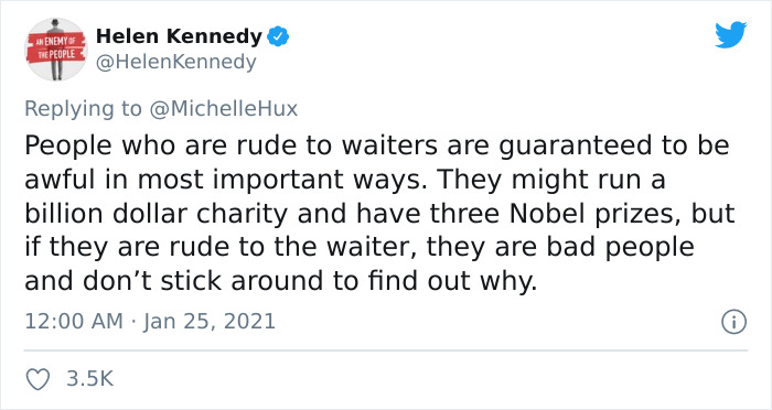 HelenKennedy tweets about people who are rude to waiters as red flag in relationship