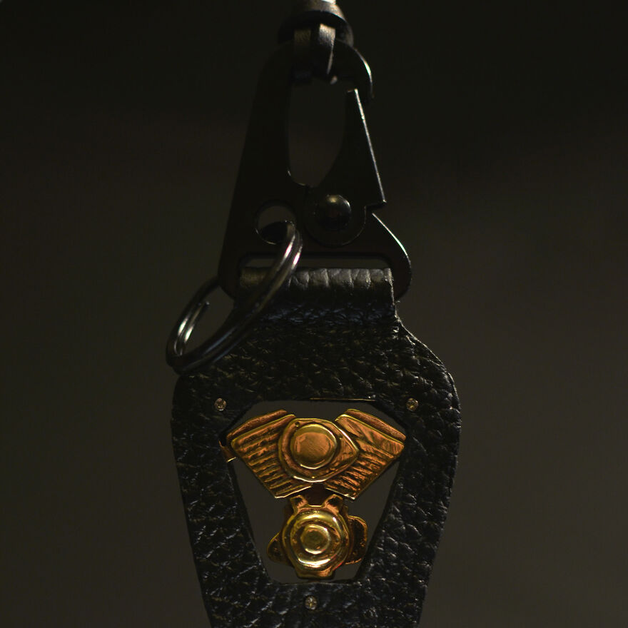 One Of A Kind Keychain With A Motorcycle Engine. Brass And Leather. Client’s Order