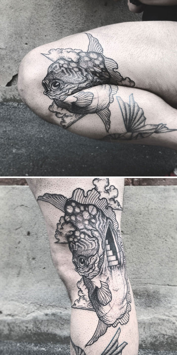 Creative tattoo of a fish on a leg that transforms when the knee bends, showcasing unique art and body movement.