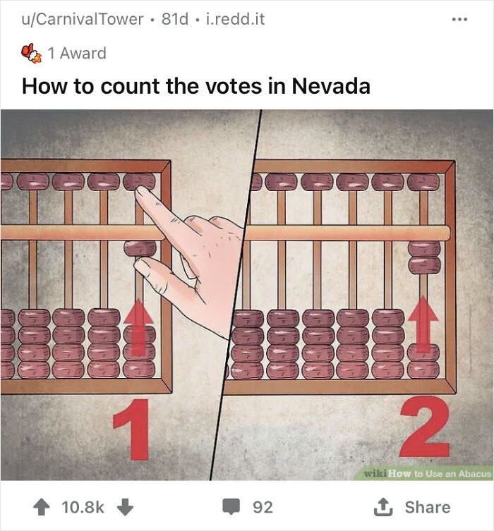 WikiHow image edited humorously with dark caption on using an abacus to count votes in Nevada.