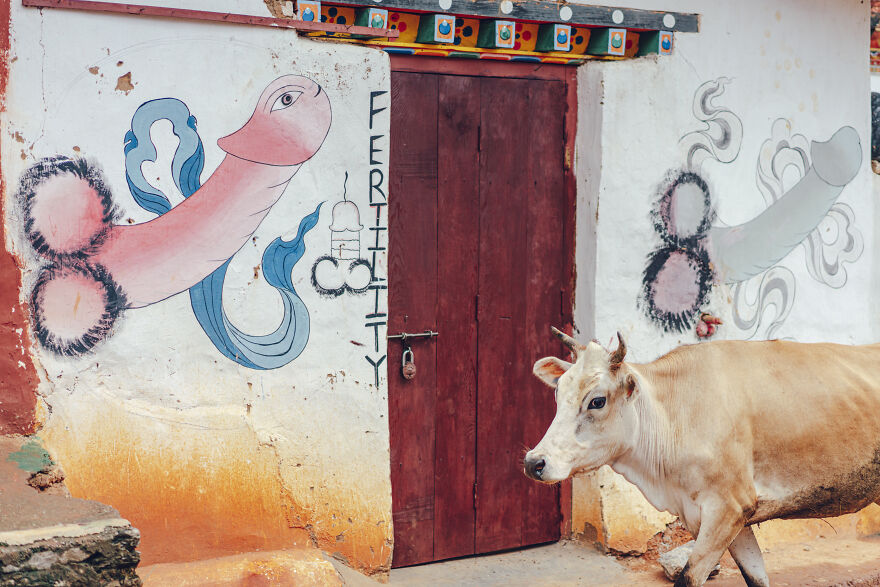 In The Village Of Lobesa, Which Is Home To Chimi Lhakhang, Known As The "Temple Of Childbirth," There Are Huge Paintings Of Male Genitalia Everywhere. It Is Called "Po" In Bhutan, And Has Taken Root In The Land As A Charm Against Evil. It Is A Very Mysterious Village.
