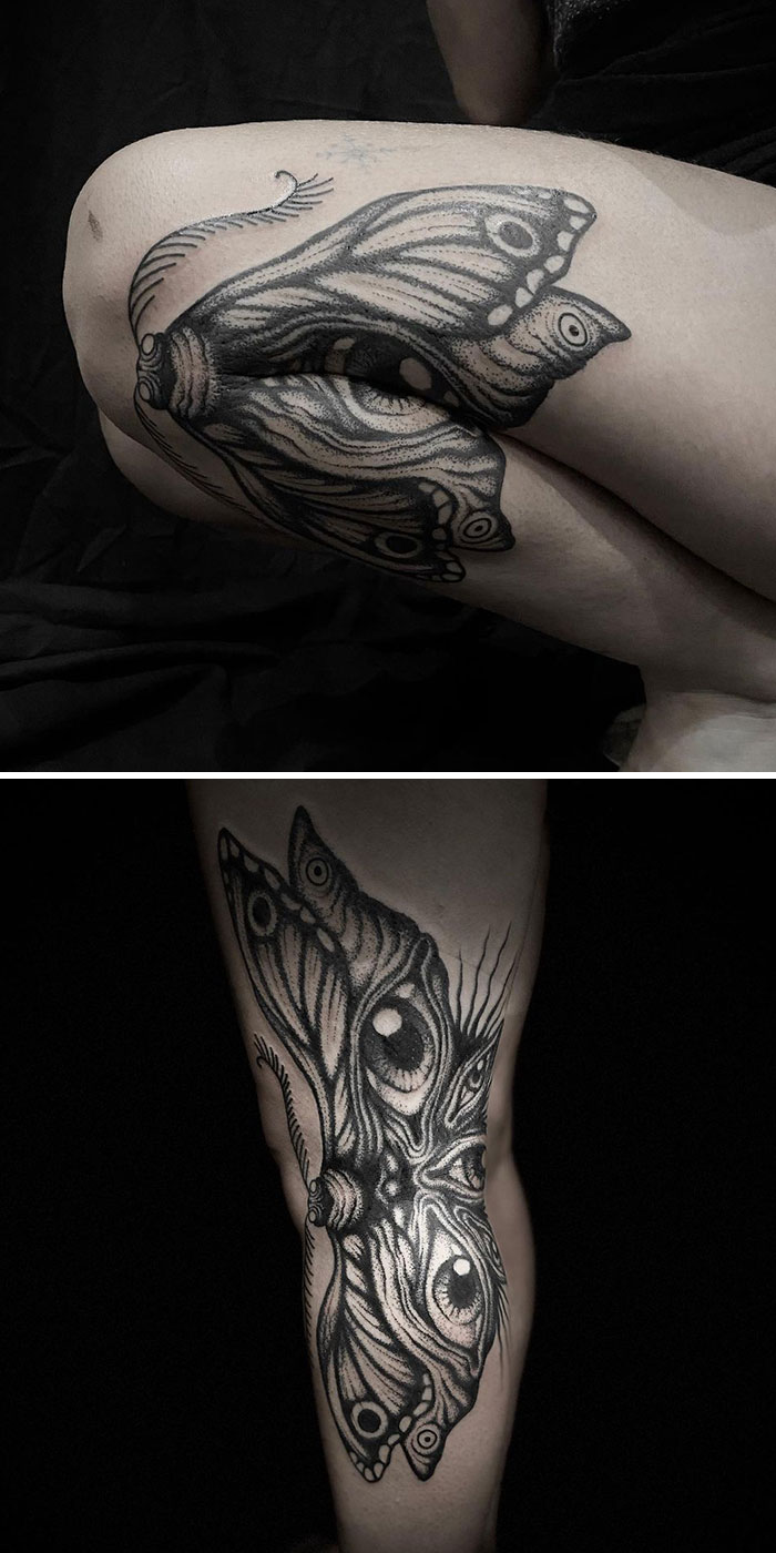 Creative butterfly tattoo on leg transforms as it moves, showcasing artistic design and flexibility.