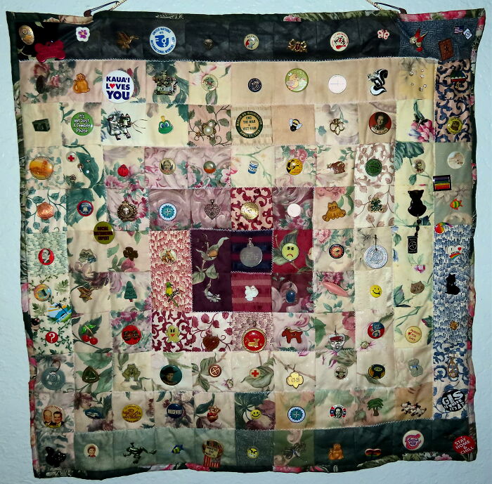 Two Inch Wallpaper Fabric Squares, Spiraling In, With The History Of My Life Attached. From Milk Delivery, I Like Ike To Covid, Good And Bad.