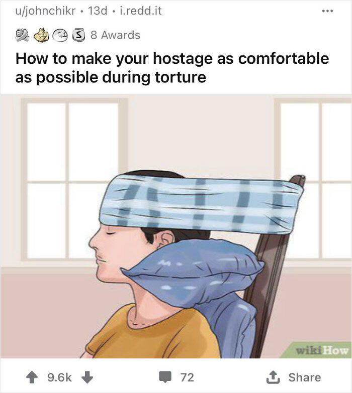 WikiHow image out of context with funny and dark caption about making a hostage comfortable.