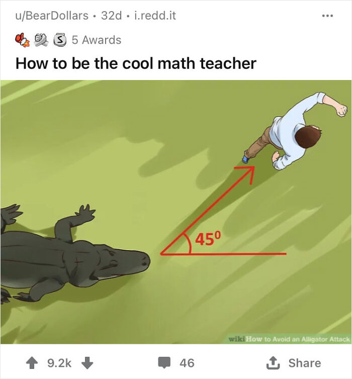 Man running from an alligator at a 45-degree angle, showcasing people adding funny captions to WikiHow images.