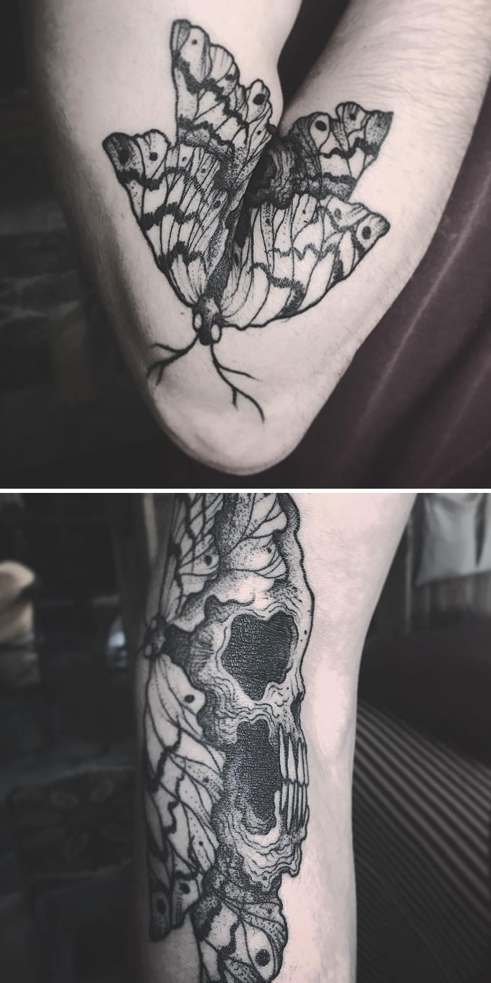 Creative tattoo of a butterfly transforming into a skull when the arm moves.