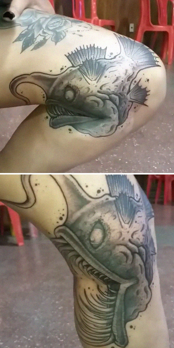 Creative tattoo of a fish that moves with the knee, designed to transform with body movement.