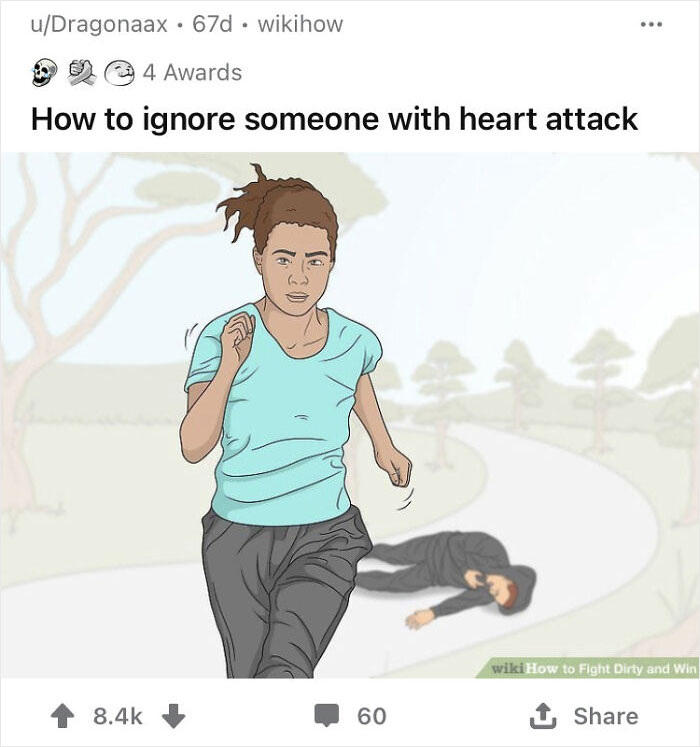 WikiHow image with comically dark caption: person jogging, ignoring someone on the ground.