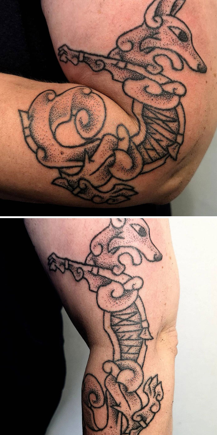 Creative tattoos transform fox design with arm movement, showing different perspectives.