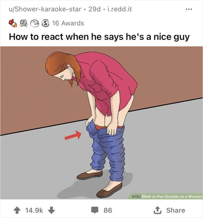 WikiHow image with humorous caption showing a woman pulling down her pants.